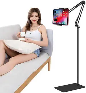 Tablet Floor Stand with Double Weight Base,Overhead Bed Phone Stand Height Adjustable/Arm Stretchable Tablet Holder, Compatible with 4.5''-13'' iPhone, iPad, Galaxy Tab, Kindle, or Other Phones