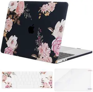 MOSISO Compatible with MacBook Pro 15 inch Case 2016-2019 Release A1990 A1707 with Touch Bar, Plastic Peony Hard Shell Case & Keyboard Cover Skin & Screen Protector, Black