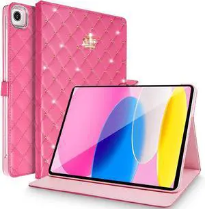 Changjia for iPad 10.2 Case 9th/8th/7th Generation (2021/2020/2019),Crown Bling Diamond Cute Elegant PU Leather Smart Auto Sleep/Wake Stand Shockproof Protective Case for Apple iPad 10.2 inch,Rose Red