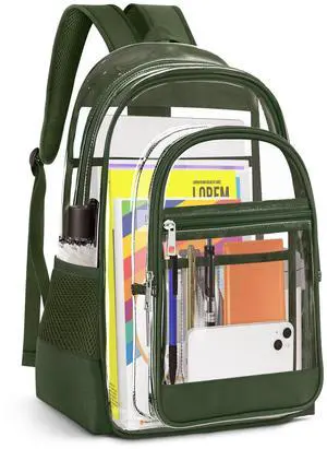 KIMNERPU Clear Backpack, Heavy Duty PVC Transparent Backpack with Reinforced Straps, See Through Multiple Pockets Large Capacity Bookbag for Concert Work Security Travel Festival (Military Green)