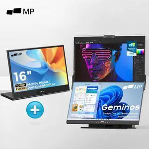 Glance with Geminos Computer Monitors, Mobile Pixels 16" FHD 1080P Monitor, Travel Monitor with Dual Speakers, Tilt Adjustment & Non-Slip, HDMI USB C Connection Plug & Play Extra Monitor