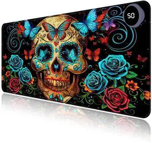 Heated Mouse Pad with 3 Levels Heated & 3 Hours Auto Shut-Off Mouse Pad for Warming Hands in Office Home, 31.5" x 13"Large Safe Desk Mat Hand WarmerSkull Butterfly Blue Rose