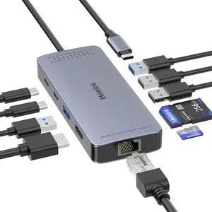 USB C Hub Ethernet, 10 in 1 USB-C to Ethernet Multiport Adapter Dongle with HDMI 4K@60Hz