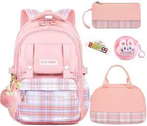 Psecoll 6Pcs Kawaii Backpack Set, Pink Bookbag Plaid Laptop Bag Water-Resistant Lightweight Daypack, Large Capacity School Bag Double Shoulder Backpack with Chest Strap (Pink)