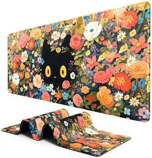 BOSOBO XXL Gaming Desk Mat, Extended Mouse & Keyboard Mat, Anime Cat Pink Flower Bush - 31.5 x 11.8 Inches