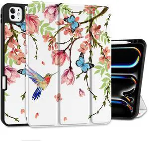 MEEgoodo Case for M4 iPad Pro 11 inch Case 2024, Tablet Cover with Trifold Stand & Pencil Holder & Auto Wake/Sleep & Soft TPU Back Cover, Birds & Flowers