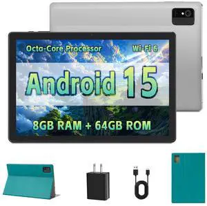 10 inch Tablet - Android 15 Tablet for Adults - Google Tablet Computer with HD IPS Touch Display, Octa-Core, 8GB RAM 64GB ROM, 512GB Expand, Wi-Fi 6 (2.4G + 5G), Dual Camera, 5000mAh Battery - Silver
