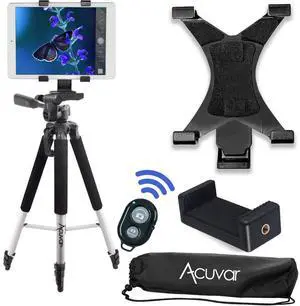 Acuvar 57" inch Pro Series Tripod, Tablet Mount + Acuvar Universal Smartphone Mount + Wireless Remote for All Smartphone and Tablet Devices + eCostConnection Microfiber Cloth