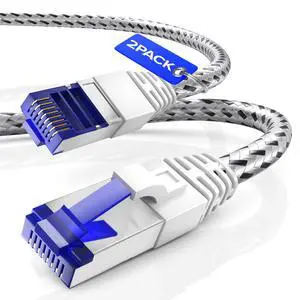 Cat7 Ethernet Cable 6ft, 2-Pack (White) - Braided High-Speed Network LAN Cables for Gaming, Streaming, Router, Modem, PC, PS5, Xbox - Durable & Tangle-Free Design, 2-Pack