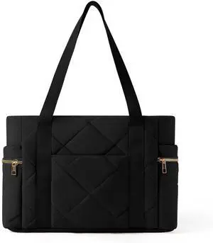 WOVTATOO Women's Large (17" x 7" x 12") Black Water Resistant Puffy Tote Bag with Zipper, Multi-Pockets, Suitable for Work, Travel, Shopping, Gym, and Outdoor Activities