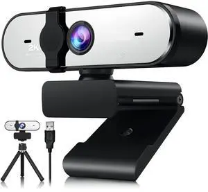 Webcam with Light and Tripod, Full HD PC Camera Built-in Privacy Cover, 360° Rotation, Adjustable Brightness (2K Webcam)
