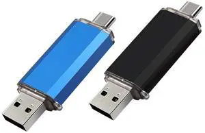 2-Pack 64GB USB C Flash Drive Dual Flash Drive Type C + USB A Memory Stick Jump Drive 2-in-1 Thumb Drive for Storage and Backup (64GB*2 Black&Blue)