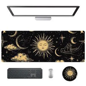 KUJKBFWJ Large Gaming Mouse Pad with Cup Coaster Set, XL Mousepad Large Desk Pad with Non-Slip Base, Extended Mousemat with Stitched Edges, 31.5 x 11.8 in, Mystical Starry