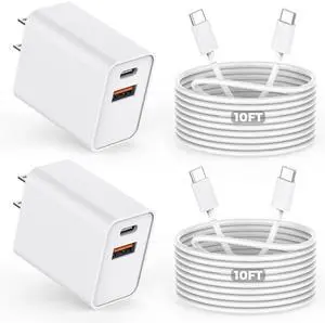 10FT iPhone 17/16e Fast Charger,2Pack 20W Dual Port USB C+A Power Adapter 10Foot Long USB C to C Fast Charging Cable Cord Quick Charging for iPhone 17 Air/17 Pro/17 Pro Max/16/16 Pro/15/15 Pro/Pro Max