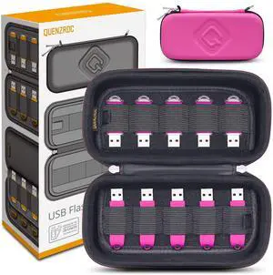 QUENZROC USB Flash Drives Case Organizer Fits 20 Thumb Drives USB Sticks Holder Hard Shell Storage Case Portable Box Travel Carrying Pouch -Pink