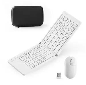 Foldable Keyboard and Mouse, 2.4G Wireless+Dual Bluetooth5.0 Folding Keyboard & Mouse Combos for Business and Travel, USB-C Rechargeable Portable Keyboard Mouse for iPads, Phones, Tablets-White