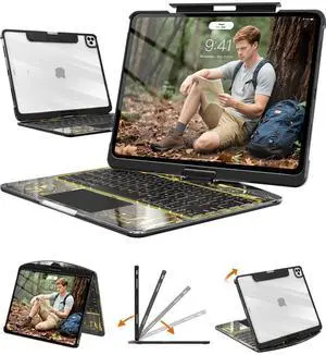 Transparent Keyboard Case for iPad Air 13 Inch (M3/M2 2025/2024) & iPad Pro 12.9 Inch (6th/5th/4th/3rd Gen), 7-Color Backlit Wireless Keyboard with Touchpad, 360° Rotating Stand, Pencil Holder, Black