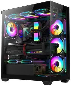 RUIX OV603 ATX Mid-Tower PC Case, Spacious High-Airflow Gaming Case with 4 x 120mm PWM ARGB Fans, USB 3.0 & Type-C Ports, Tempered Glass, Large Capacity Computer Case - Black