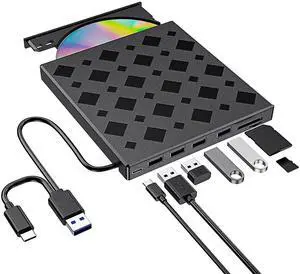 MAHAHUM External CD/DVD Drive for Laptop, 8-in-1 External Drive/Burner/Reader DVD Player for Laptop USB 3.0/USB-C Plug & Play CD Drive, Compatible with Windows 11/10/8/7 Mac OS MacBook Pro/Air Linux