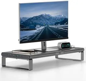 JINRAIKO Monitor Stand with Docking Station, Aluminum Monitor Riser with 6-in-1 Docking Station: 4K HDMI, USB-C, USB 3.0, PD 100W, Wireless Charging,Metal Desk Stand with Storage-Silver Gray