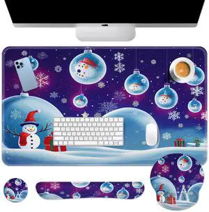 Britimes Merry Christmas Snowman Blue Keyboard Mouse Pad Set Snowflake 4in1 Large Mousepad+Keyboard Wrist Rest+Mouse Wrist Rest+Coaster Ergonomic Design for Home Office Computer 35.4 * 15.7 inches