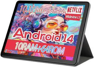Android Tablets, 10.1" Android 14 Tablet with Octa-Core CPU | 10GB RAM | 64GB RAM (Up to 256GB) | 6000mAh Battery | 8MP + 13MP Dual Camera | IPS HD Display | WiFi 5 | BT 5.0, with Case - Gray
