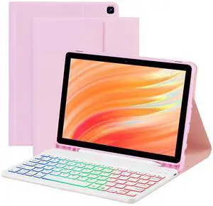 EAMPANG Tablet Case with Keyboard for Amazon Kindle Fire HD 10&10 Plus 11/13th Gen 10.1 inch,7 Color Rainbow Backlit Detachable Keyboard Magnetic Cover with Pen Slot HD 10 2021&2023 Pink+White