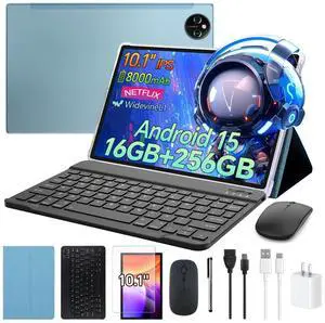 Tablet 10.1inch Android 15 with Keyboard, Octa-Core Tablets , 16GB RAM 256GB Storage 1TB Expandable, 13MP Dual Cameras 5MP Front,8000mAh,GPS,WiFi 5 BT5.0 with Case, Mouse & Stylus M6- Titanium Blue