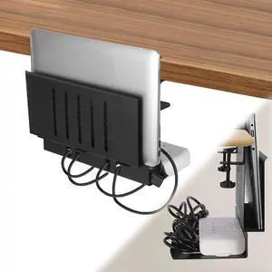 LUKETURE Desk Side Storage, Laptop Holder with Cable Management Tray, 2 in 1 Steel Under Desk Laptop Mount, Table Organization, Space Saving Table Accessories for Office and Home (Black)