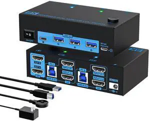 8K HDMI KVM Switch 2 Monitors 2 Computers, ANXQQ 8K@60Hz 4K@144Hz USB 3.0 Dual Monitor KVM Switch, 2 Computers Share 4 USB Devices with 2 USB Cables and Power Adapter