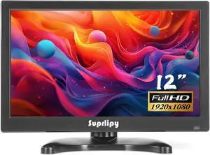 Suprlipy 12 inch FHD Small IPS Monitor LCD Display Screen 1920x1080 60Hz 16:9 with BNC VGA AV Input Built-in Lounspeakers for CCTV Security Camera DVR PC RasPi