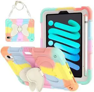 DreamerX for iPad mini 7 (A17 Pro) / Mini 6 Case 8.3 Inch - Cute Girls Women Kawaii Teens Girly Butterfly Case with Stand Shoulder Strap Pen Holder Soft Silicone Cover for iPad mini 7th/6th Gen, Pink