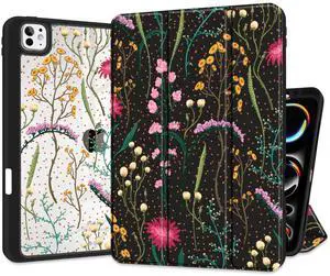 MEEgoodo Cover for M4 iPad Pro 11 inch Case 2024, Tablet Cases with Transparent Acrylic Back Shell +Trifold Stand + Pencil Holder + Auto Wake/Sleep, Colourful Wild Flowers