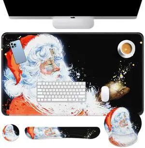 Britimes Santa Christmas Keyboard Mouse Pad Set Funny Happy Winter 4in1 Large Mousepad+Keyboard Wrist Rest+Mouse Wrist Rest+Coaster Ergonomic Design for Home Office Computer 35.4 * 15.7 inches