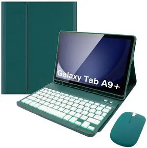 Keyboard Case for Samsung Galaxy Tab A9 Plus 11 Inch - 7 Colors Backlit Wireless Detachable Folio Keyboard Cover with Pencil Holder, Bluetooth Mouse for Tablet A9+,Dark Green