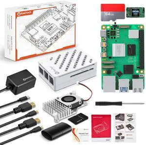 RasTech Raspberry Pi 5 8GB Kit with 64GB Card Readers, Active Cooler,27W 5.1V5A USB-C Power Supply,Pi5 8GB Board, White Case for Pi 5,Dual 4K Micro HD Out Cables and User Manual