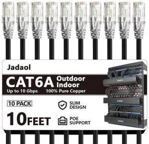 Jadaol Cat6a Ethernet Cable 10 ft 10 Pack, Slim 10G 550MHz 28AWG Patch Cable, Snagless Pure Copper Network Cable, Flexible LAN Cable for Router, Modem, Switch, Patch Panel, Data Center, Gaming, Black