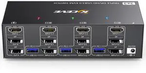 KVM Switch 3 Monitors 3 Computers 8K@60Hz, Camgeet HDMI+2 Displayport KVM Switch Triple Monitor for 3 Computer Share 3 Monitor and 4 USB3.0 Devices,Wired Remote and 12V Power Adapter Included
