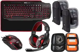 RITZ GEAR New Red Gaming Keyboard and Mouse & Headset Combo Red Backlit Keyboard with Multimedia Keys and Red Backlit Gaming Mouse and Super Clear Game Headset for Windows PC Gamers + Storage Cases