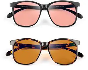 R.F.YFQH 2 Pack Indoor Fluorescent-41 Pink & Outdoor Fluorescent-60 Brown Tinted Blue Light Blocking Glasses for Migraine, Light Sensitivity, Photophobia & LED Gaming Computer Screen Glare JF6221