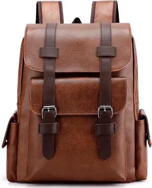 CYLYWJD Business Men and Women PU Leather Backpack 15.6inch Laptop Waterproof Backpack Travel Commuter Lightweight schoolbag (Khaki backpack10,Medium)