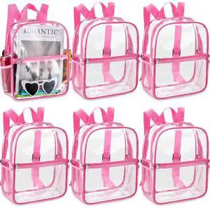 Sweetude Clear Backpack bulk 11.4 x 9.5 x 5.1 Inch Bag Stadium Approved Plastic Transparent Backpack with 2 Water Holders(Pink)