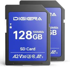 DIGIERA 128GB CS100 SDXC UHS-I Memory Card - up to 100MB/s, C10, U3, V30, 4K UHD, SD Card for Computers, Digital Cameras, Home Theatre Devices, Car Navigation Systems (2 Pack)