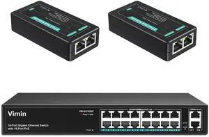 16 Port Gigabit PoE Switch with 2X 2 Port Gigabit PoE Extender for Indoor Use, Support IEEE802.3af/at, Extend Additional 100m Transmission, Mini Size, Plug and Play