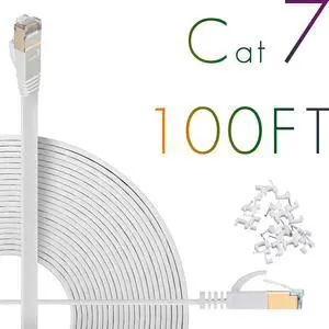 Cat7 Ethernet Cable 100ft Flat High Speed Shielded (STP) Solid Computer Network Cord with Snagless Rj45 Connectors Slim Durable Internet LAN Wire for Modem,Router.Faster Than Cat5e/Cat5/cat6(White)