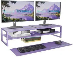 Simple Trending 2 Tier Metal Dual Monitor Stand Riser, Computer Office Desktop Organizer for 2 Monitors with 32"x10" Mouse Pad for Laptop, Printer, TV, Purple