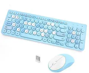Wireless Keyboard and Mouse Combo, Retro Typewriter Keyboard with Round Keycaps, 2.4GHz USB Cute Wireless Keyboard Mouse for Computer, Desktop, Laptop (Blue Colorful)