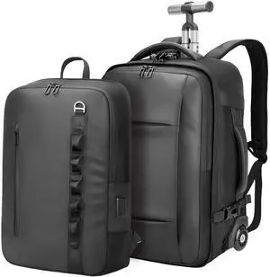 RoyalAnt Travel Rolling Backpack,3 in 1 Carry on Backpack Flight Approved,Waterproof Personal Item Bag with Detachable Backpack,Extra Luggage Backpack 55L for Work Teacher College,Black