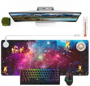 HAOCOO Heated Desk Pad Large, Warm Mouse Pad Gaming, Computer Desk Mat for Desktop, 3 Levels Heating, Auto Shut Down, Leather Laptop Keyboard Mat for Home Office, Purple Blue Galaxy