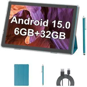 Android 15 Tablet 10 inch Tablets with Case and Stylus, 6GB RAM 32GB ROM Support 1024GB Expand Android Tablet PC, 6000mAh Battery, 10.1'' IPS HD Touch Screen, WiFi, BT, 2MP+8MP Dual Camera, Navy